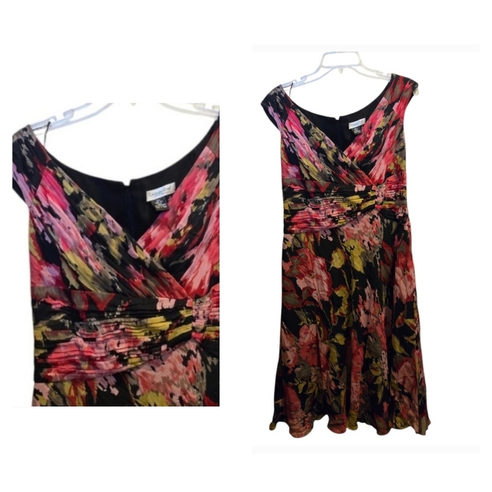 Coldwater Creek Floral Pink and Black Dress Cross Front Neck line Size 14